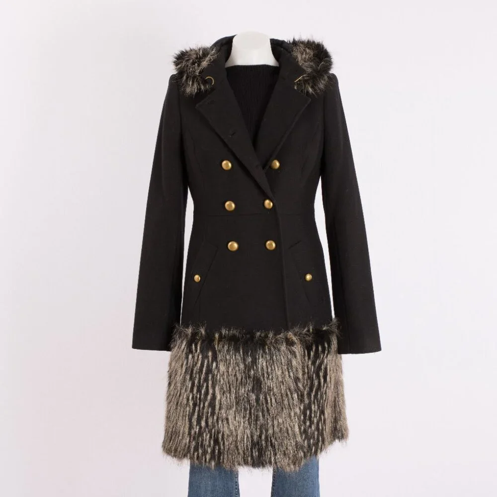 Rachel Zoe Black Wool Military Coat with Faux Fur Trim Size US 8 - Picture 7 of 11